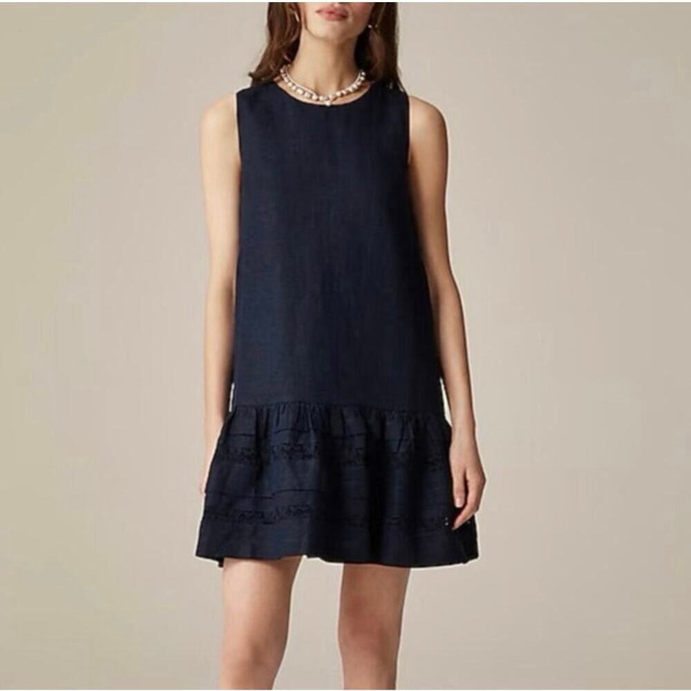 NWT J.Crew Maxine Ruffle-Trim Dress In 100% Linen Navy Blue Size XXS Petite